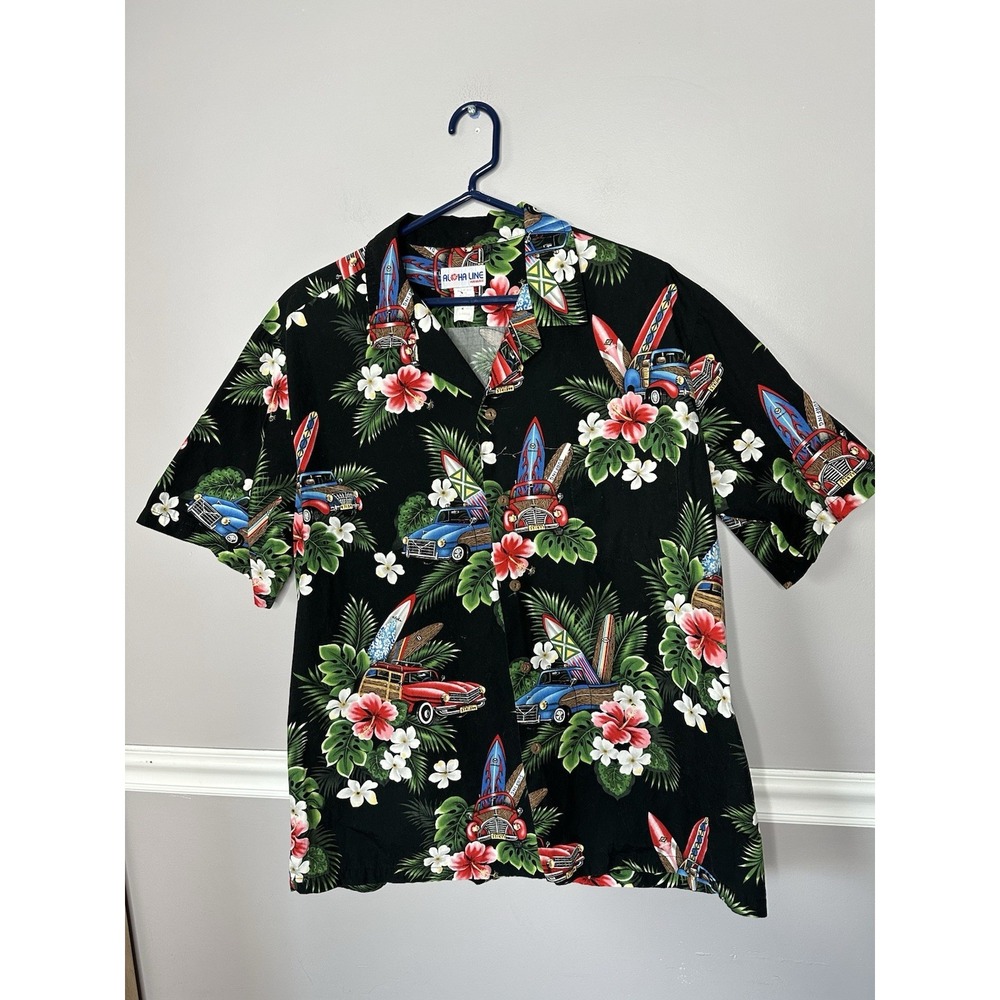 Aloha Line Hawaiian Shirt Men's‎ Large Surfer Theme VTG Cars Floral USA RARE